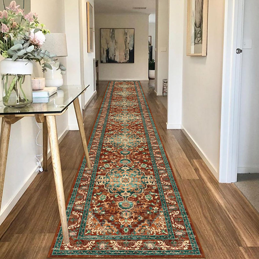 Boho Hallway Runner Rug, Washable Carpet, Rust&Teal