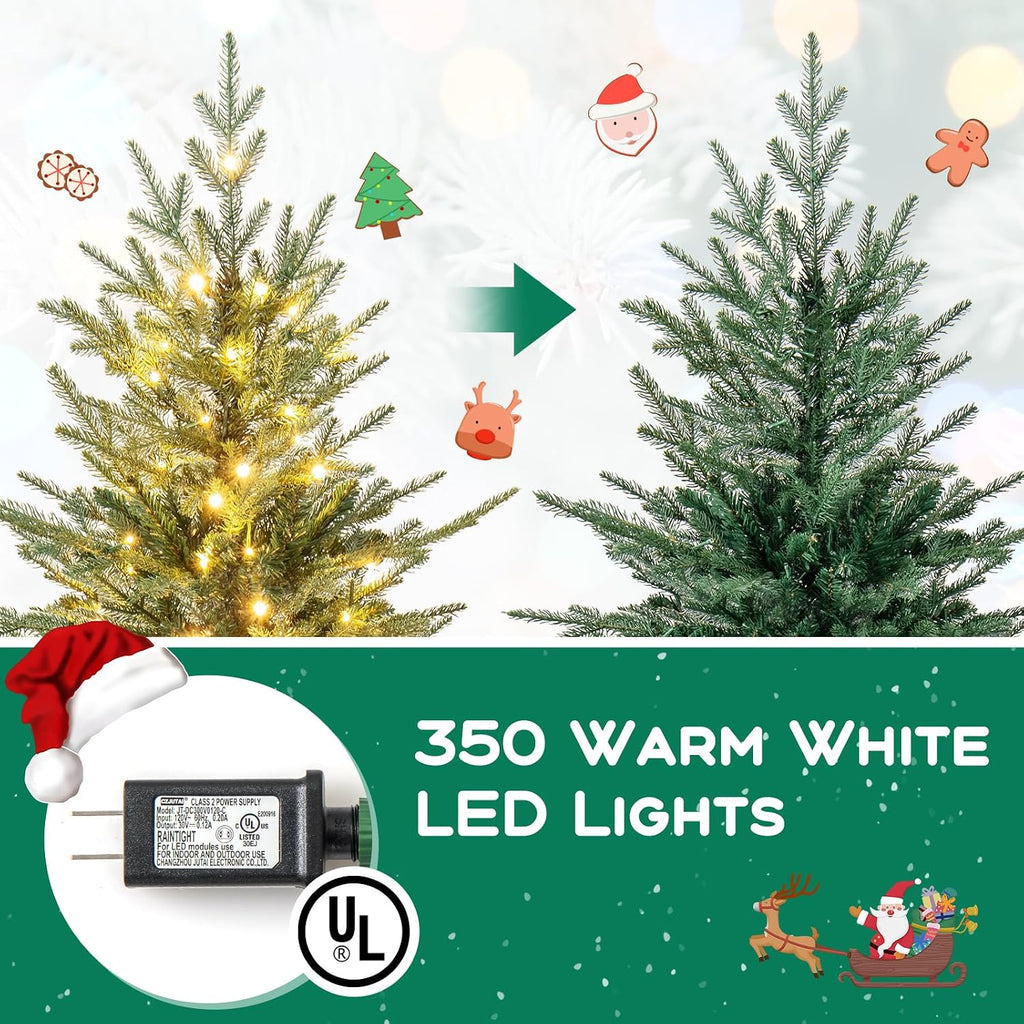 7 FT Pre-Lit Hinged Christmas Tree, Artificial Xmas Tree with 1102 Branch Tips, 350 Warm White LED Lights, 8 Lighting