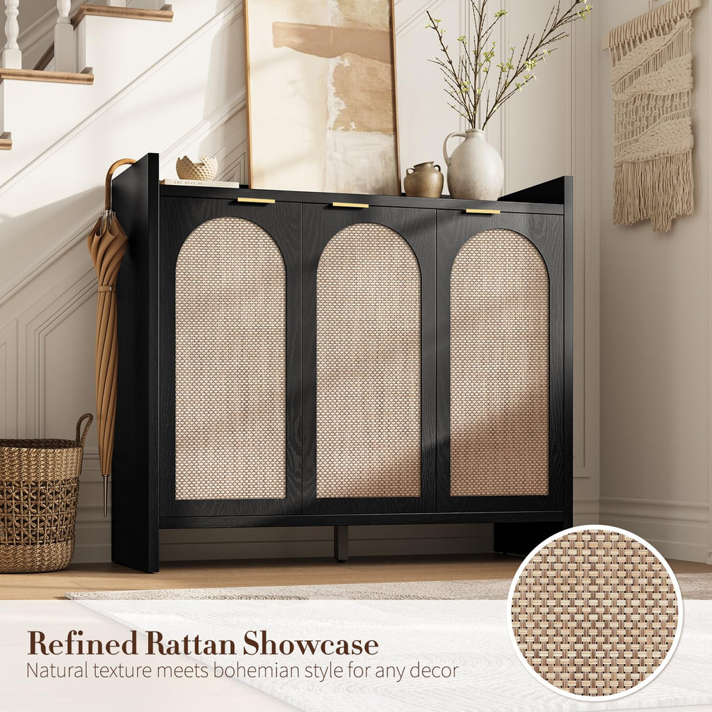 Shoe Cabinet Storage - Rattan Accent Cabinet with 3 Doors & Adjustable Shelves, 6-Tier Large Wood Shoes Cabinets with