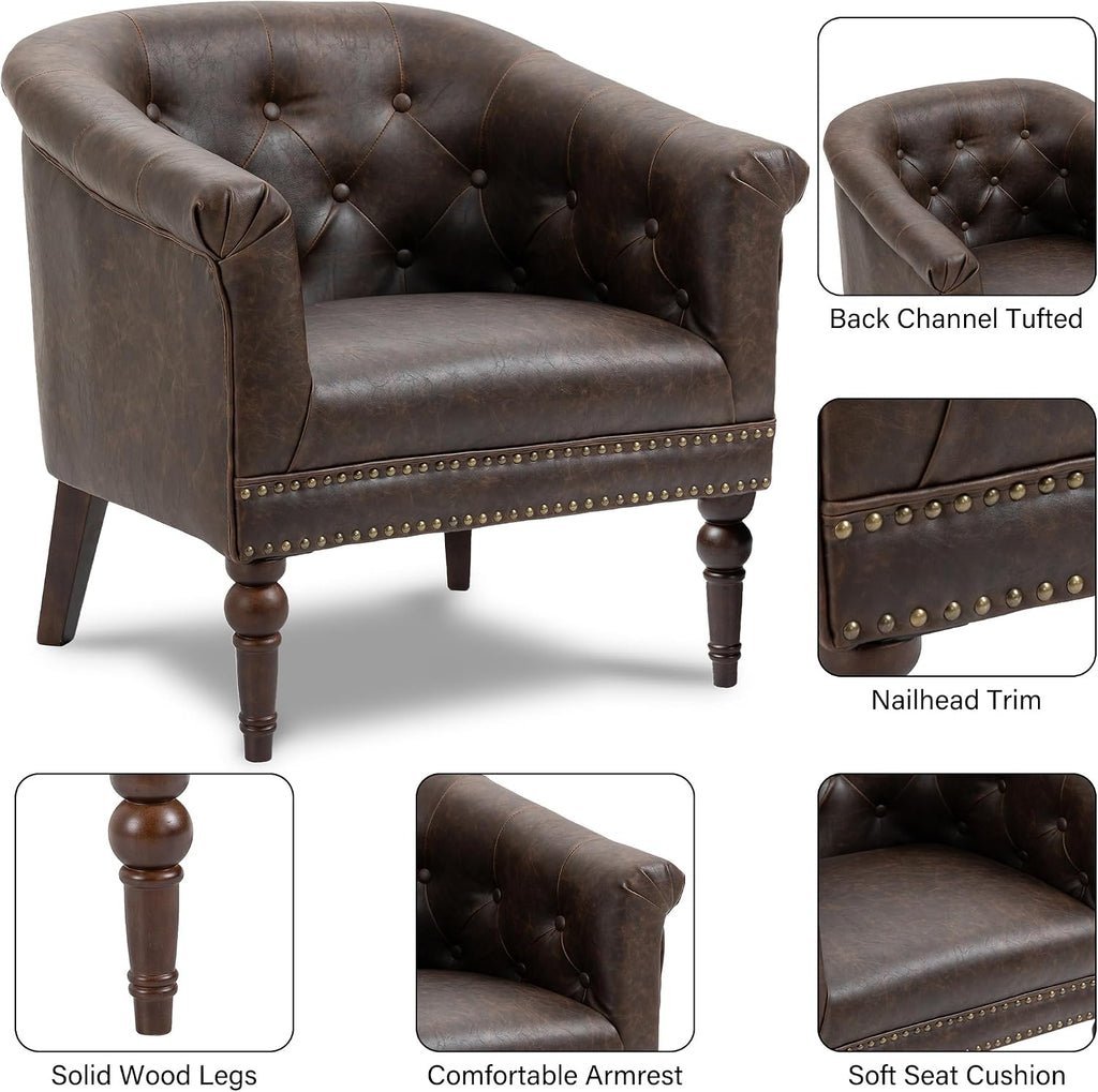 Faux Leather Barrel Accent Chair, Comfy Club Armchair with Solid Wood Legs, Upholstered Single Sofa Chair