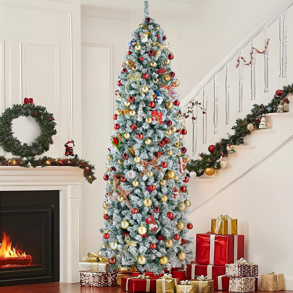 Pre-lit Snow Flocked Pencil Christmas Tree, Green & White