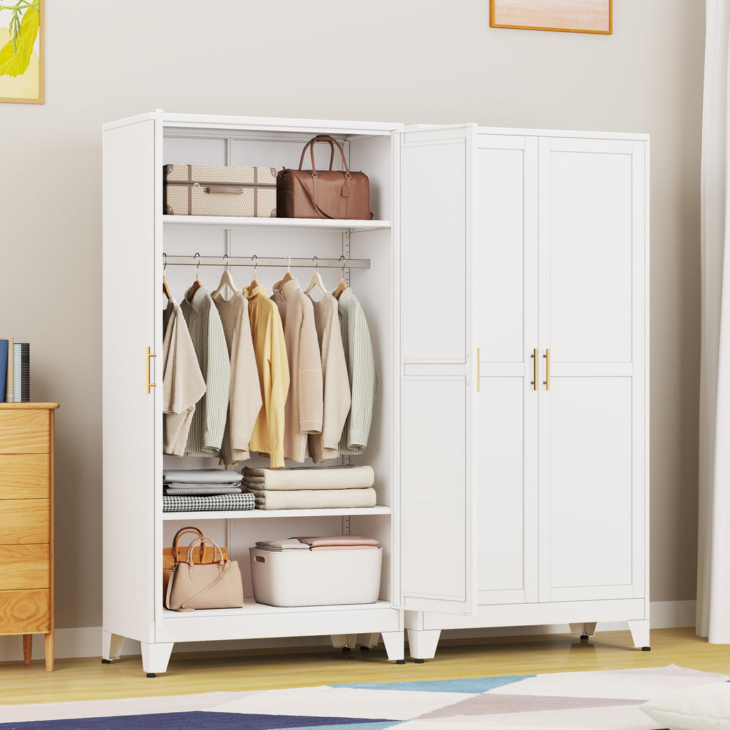 71" Metal Armoire Wardrobe Closet, Bedroom Clothing Storage Cabinet with Hanging Rod, Freestanding White Armoire