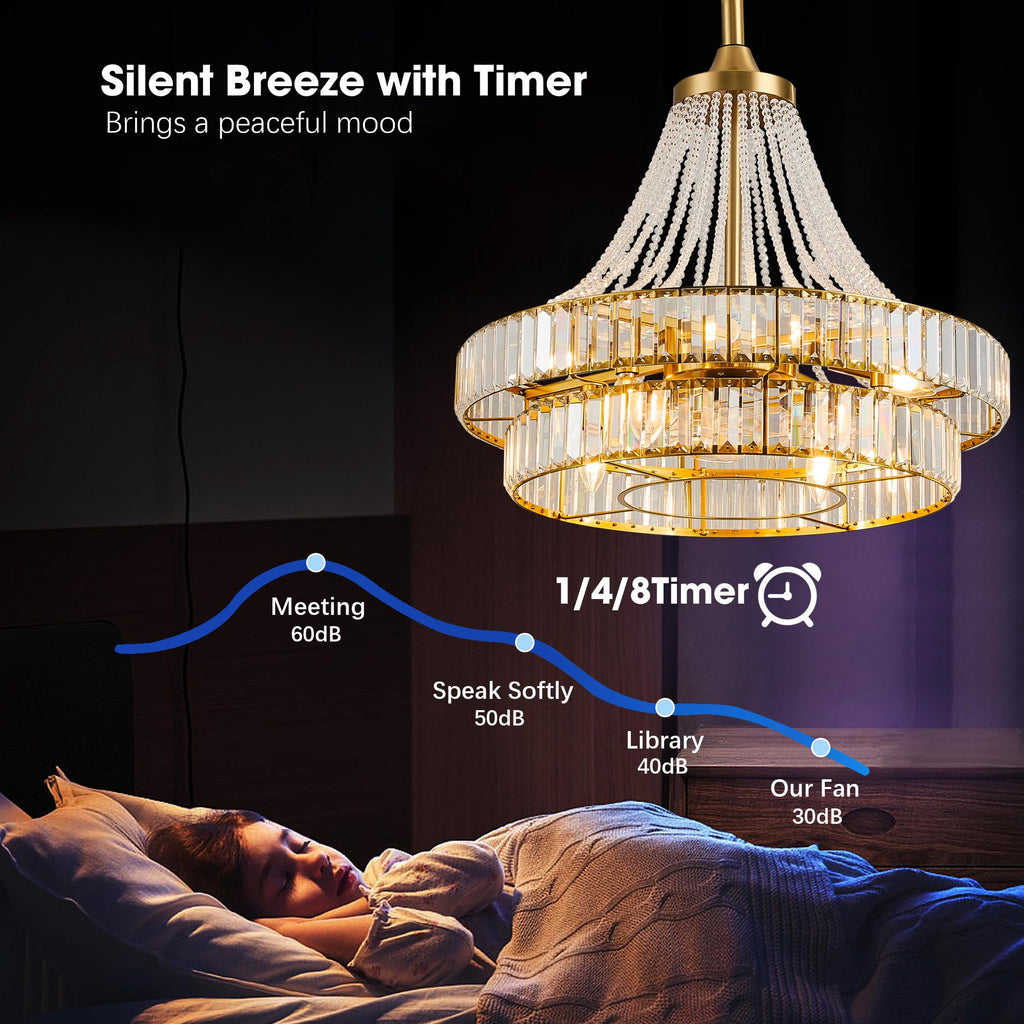 24" Crystal Chandelier Ceiling Fan with Lights, (Luxury Gold)