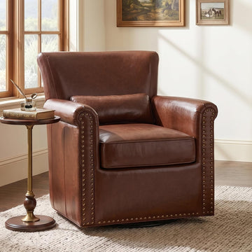 360° Swivel Accent Chair, Genuine Leather Swivel Barrel Chair, Brown