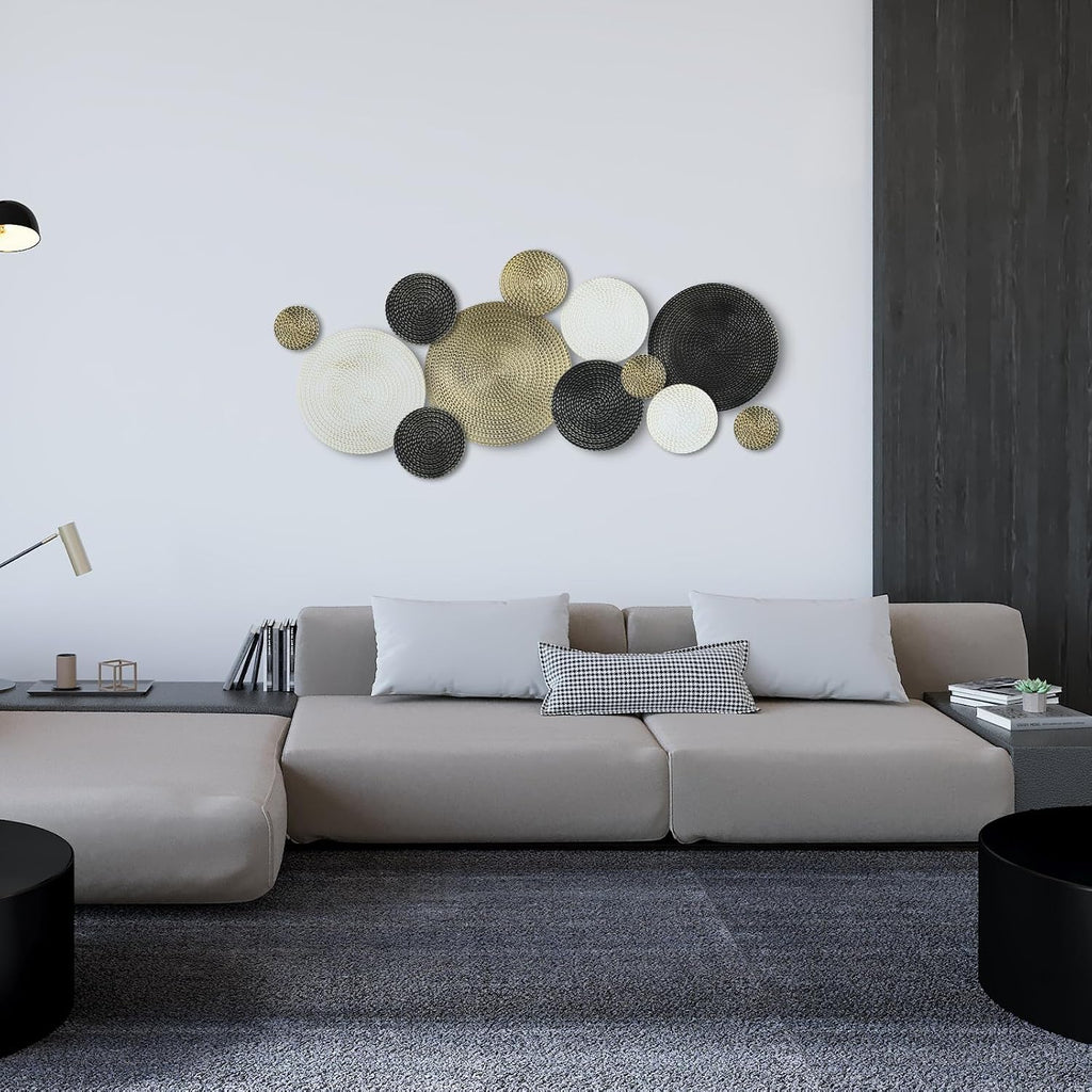 Black Gold and White Metal Wall Decor 3.9 to 13.8 Inch Large Modern Round Metal Wall Art 3D Circles Textured - Set of 12