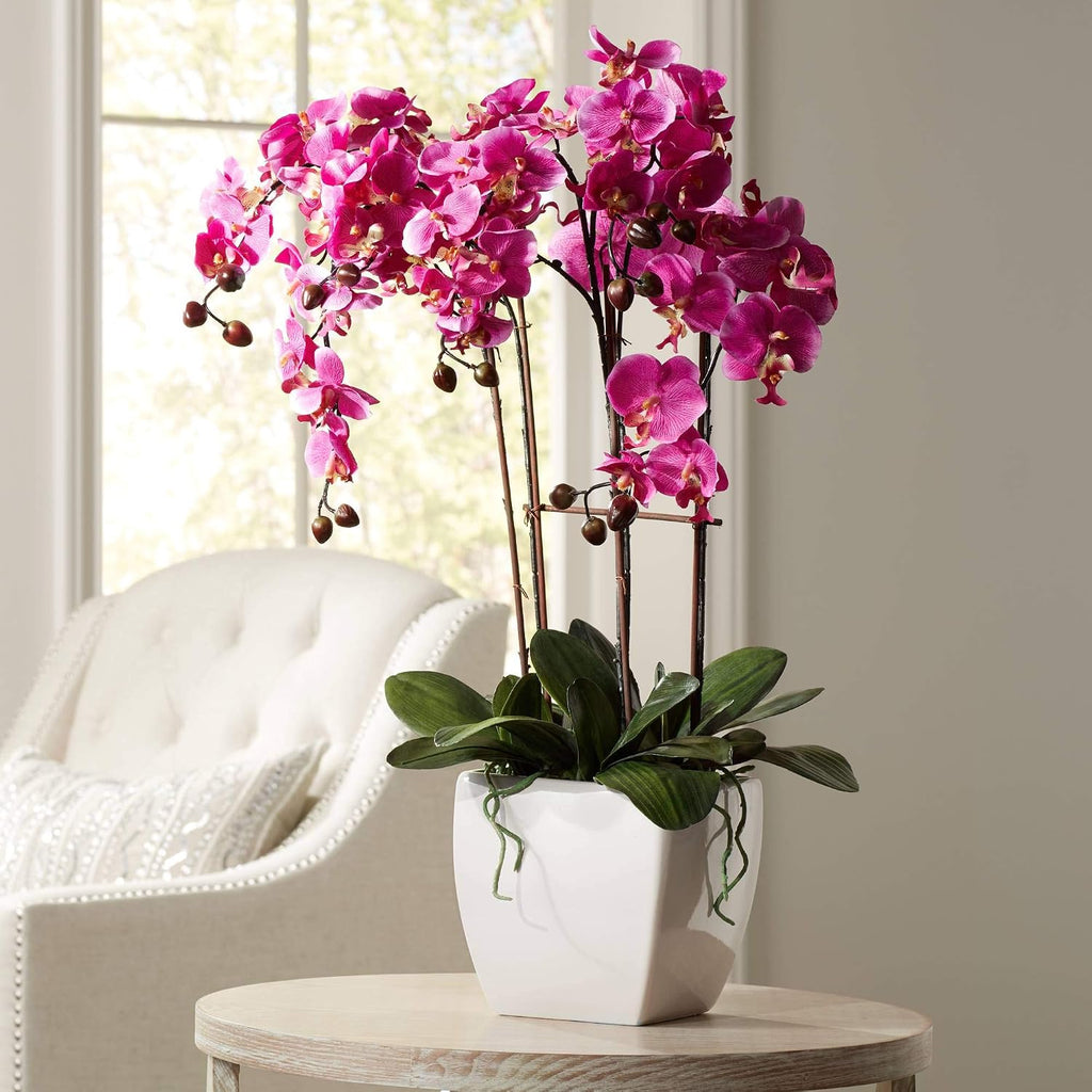 Potted Silk Faux Artificial Flowers Arrangements Realistic Purple Fuchsia Orchid in White Ceramic Pot for Cottage