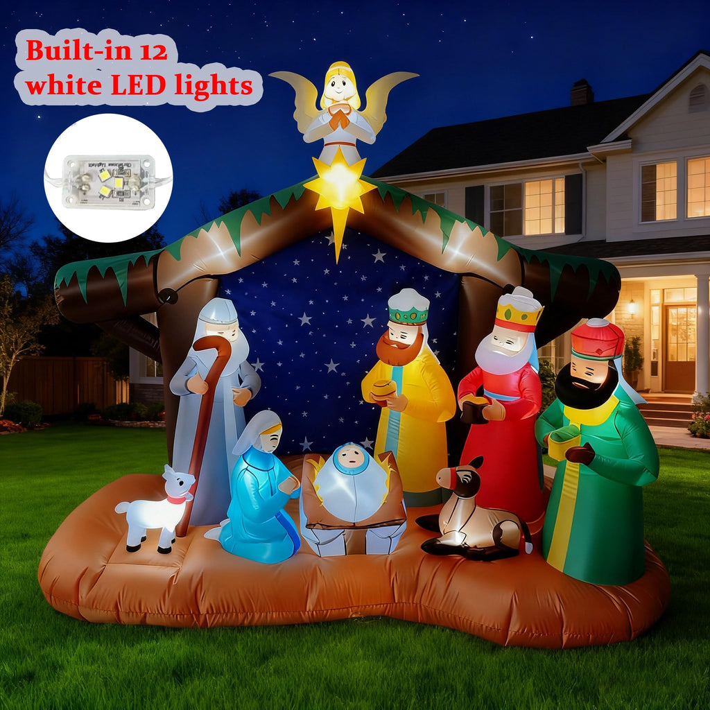 8FT Christmas Inflatables Nativity Scene Outdoor Decorations, Blow Up Yard Decor with Built-in LED Lights, Xmas