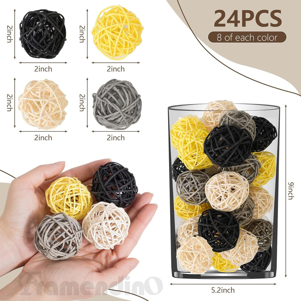 Inch Wicker Rattan Balls Decorative Decor DIY Vase Bowl Filler Black Grey Yellow White - Set of 24