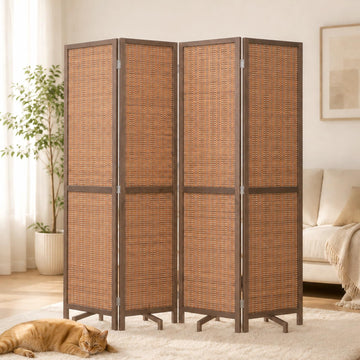 Bamboo Room Divider 67"4 Panel, Wooden Frame Freestanding Wall Divider, Brown