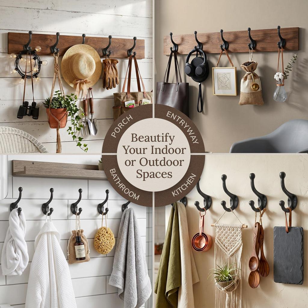 Rustic Cast Iron Coat Hooks (5 Pack) Wall Mounted Farmhouse Decorative Wall Hooks, Vintage Hooks for Hanging Coats