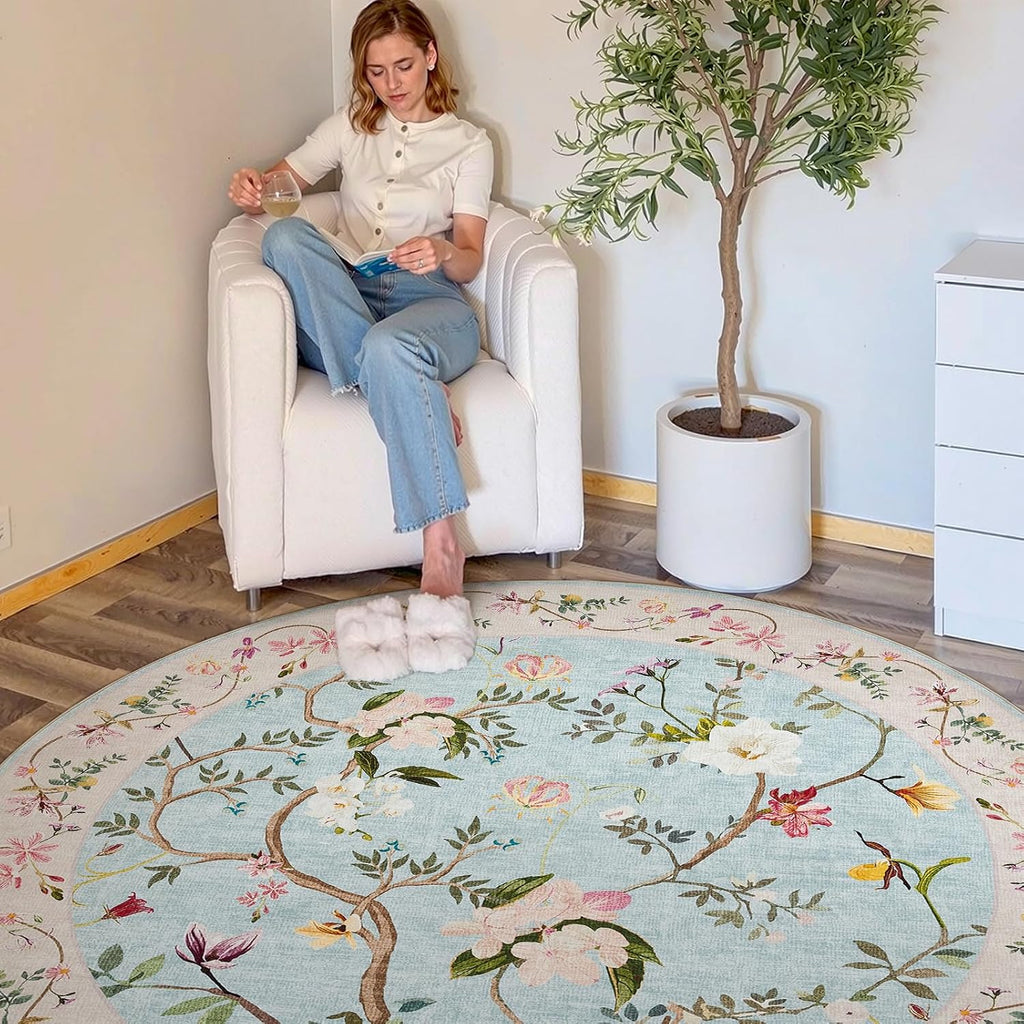 5ft Washable Round Area Rug, Soft Chinoiserie Floral, Blue/Pink