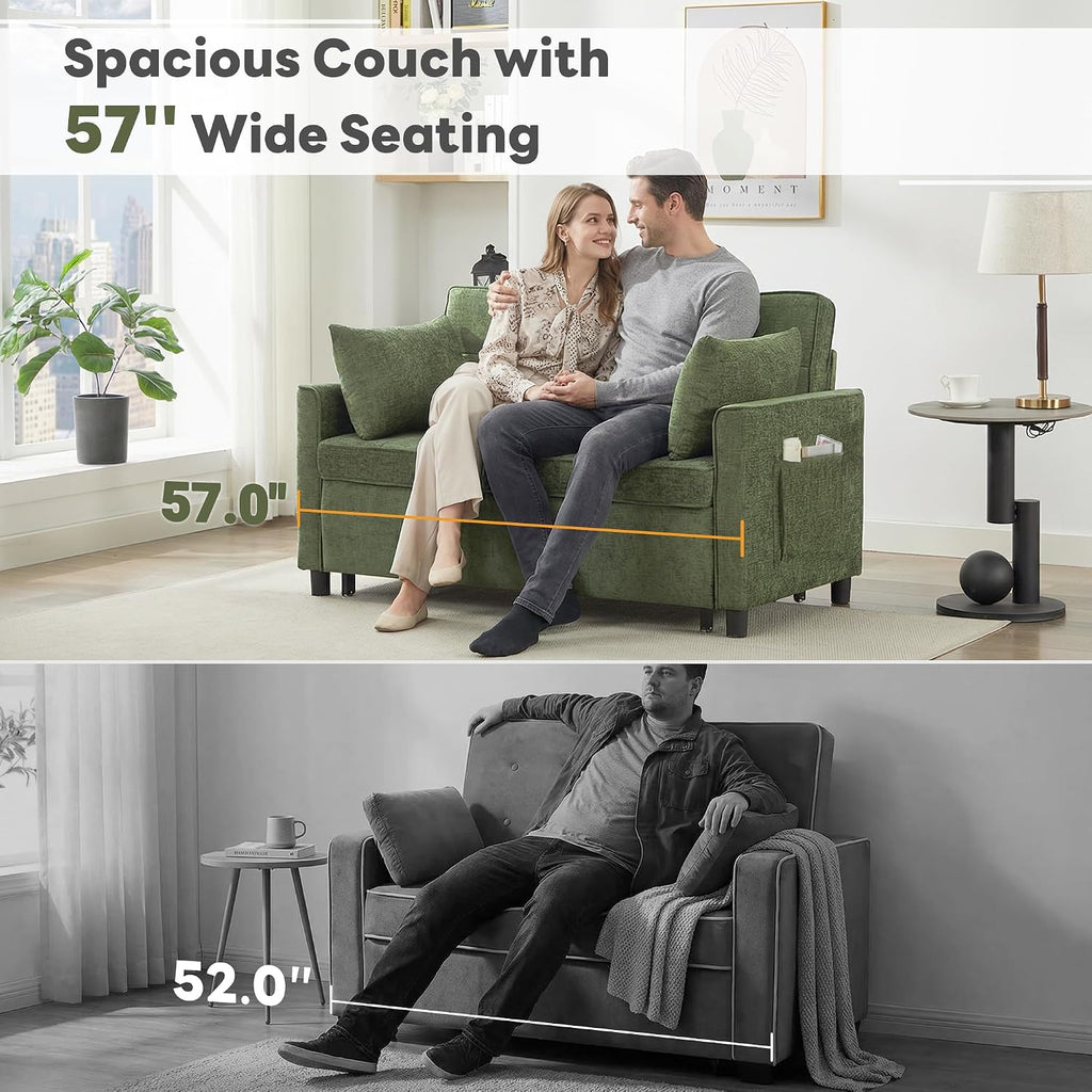 57" Chenille Convertible Sofa Bed, Full Size Loveseat Sleeper Sofa with USB & Type-C Port, Adjustable Backrest