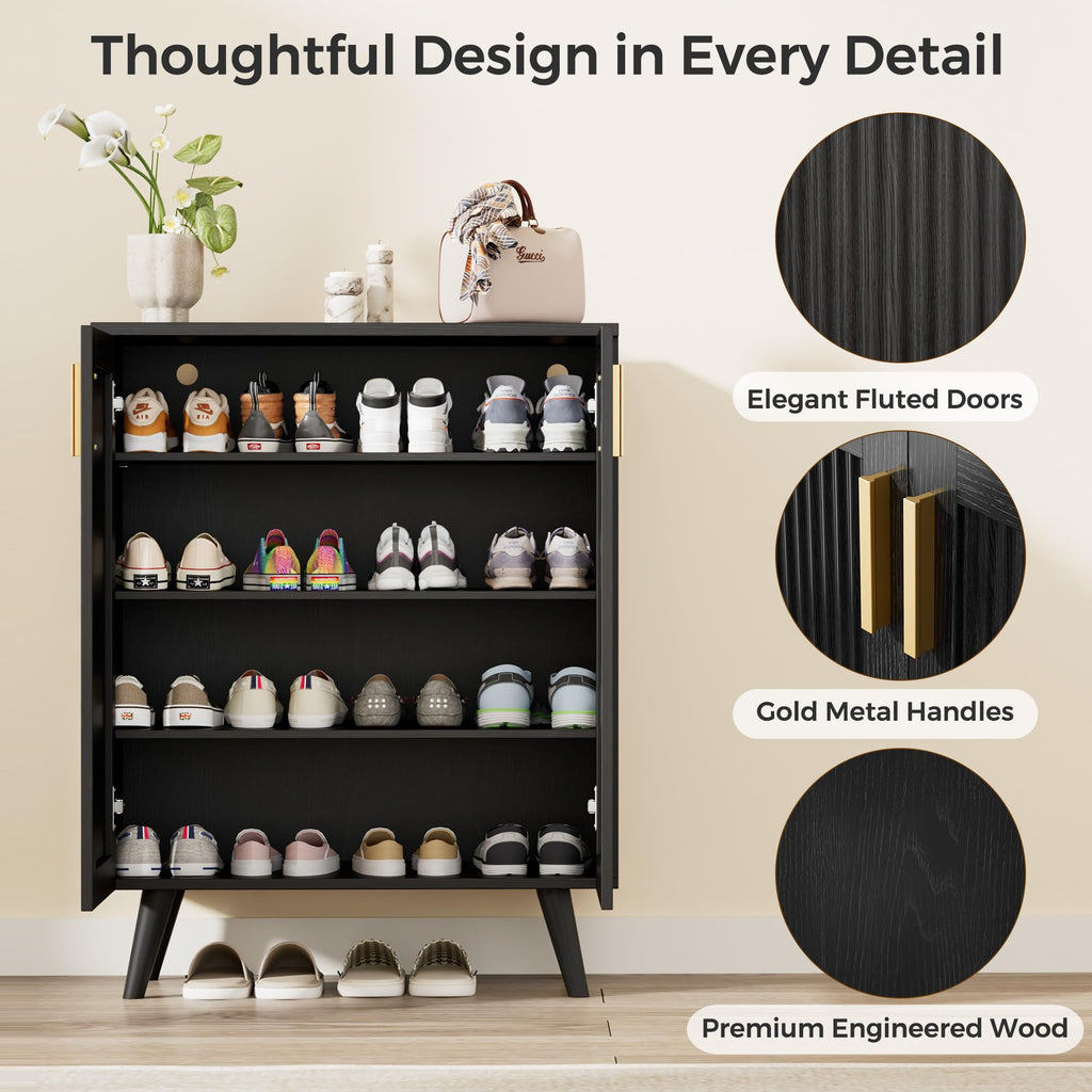 Fluted Shoe Cabinet with Doors, 4-Tier Entryway Shoe Storage