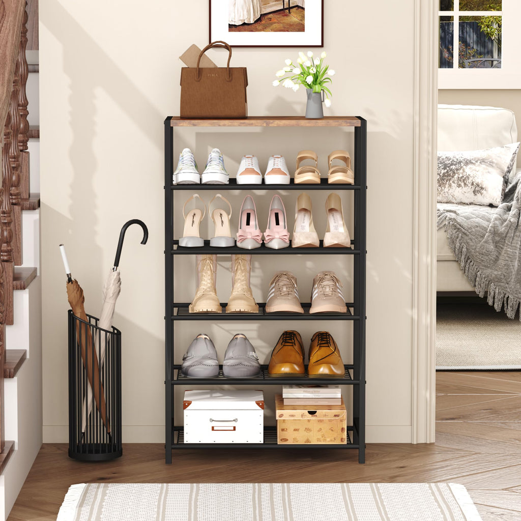 Shoe Rack 6-Tier, Shoe Storage Shelf, Industrial Shoe Tower, Narrow Shoe Organizer for Closet Entryway, Small Shoe