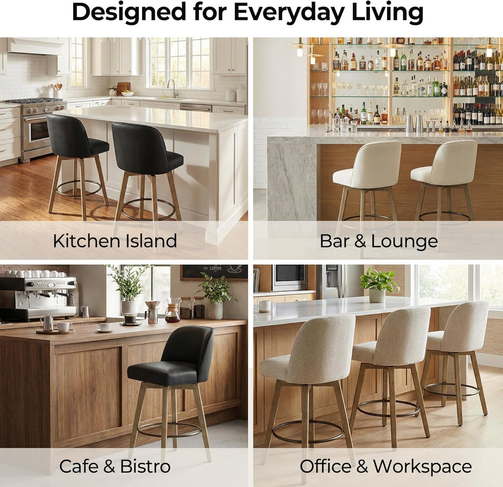 Modern Swivel Counter Height Bar Stools Set of 2, 26" Upholstered Counter Stools, Solid Wood Legs, Comfortable