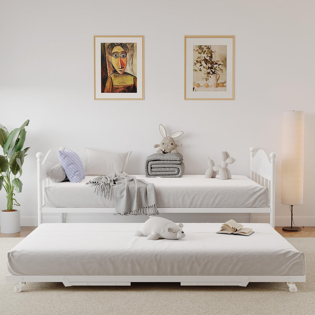 Daybed with Trundle, Metal Twin Size Day Bed with Stylish Headboard, Sofa BedFrame with Pop Up Foldable Trundle Bed