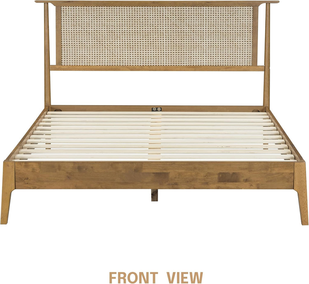 Ruby Wooden Bed Frame with Headboard and Natural Rattan, Solid Oak/Rubber Wood Foundation with Silent Slats, 1000 Lb