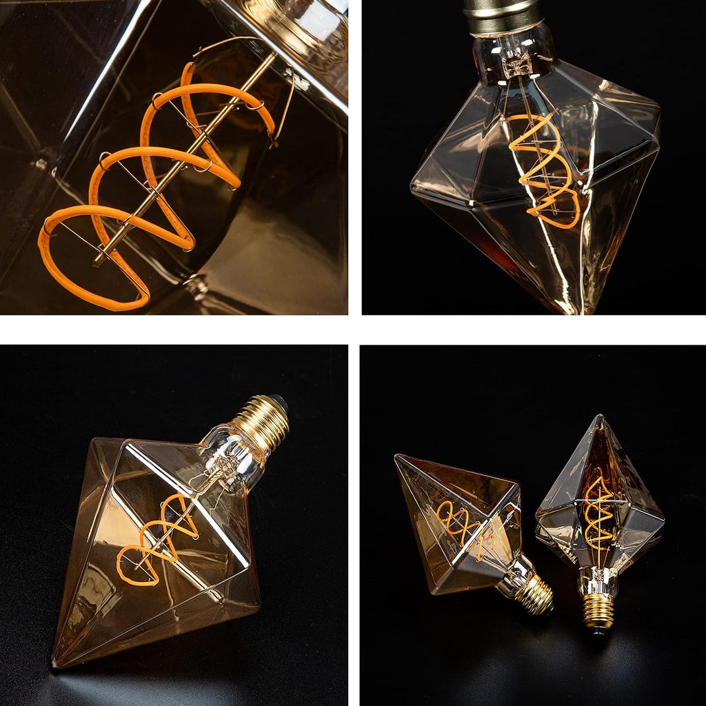 Decorative Edison Bulbs 4W D110 Diamond Shape LED Spiral Filaments Light Bulbs 40W Equivalent E26 Base Amber Glass