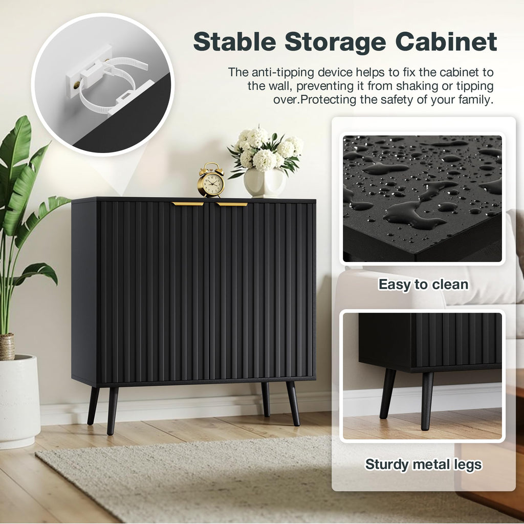 Fluted Storage Cabinet, Black Sideboard and Buffet Storage with Adjustable Shelf, Wood Accent Cabinet (4, Black+Gold)
