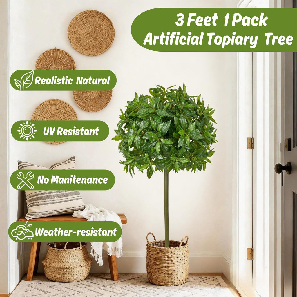 Artificial Topiary Ball Tree 3FT 1 Pack, UV Resistant Faux Plant