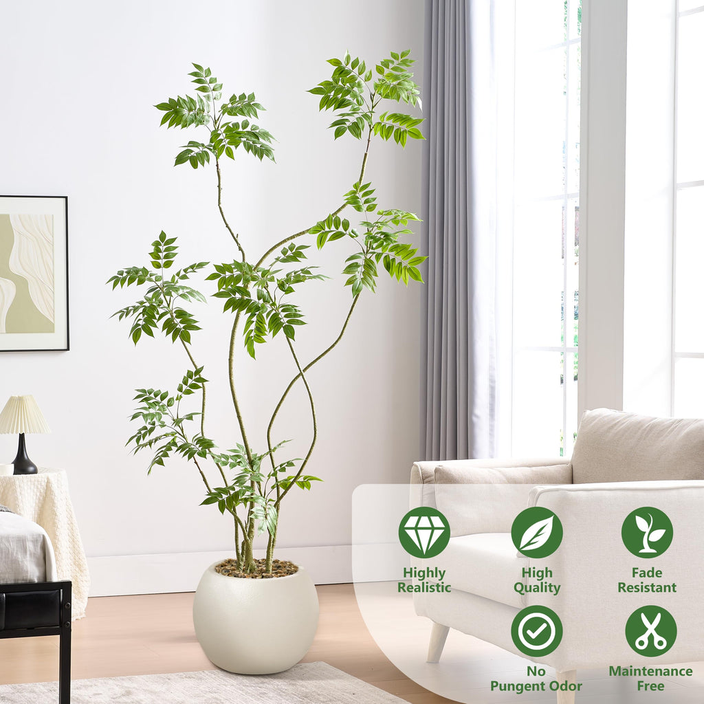 Artificial Mahonia Tree 6FT, Faux Indoor Tree with White Planter