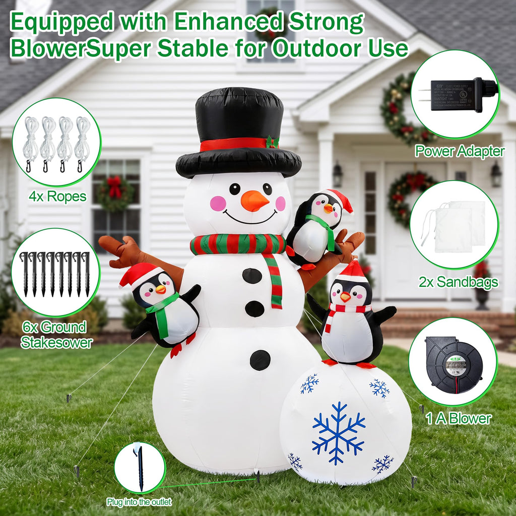 7 FT Christmas Inflatable Snowman with 3 Penguins, Giant Lighted Blow Up Snowman, Outdoor Christmas Yard Decorations
