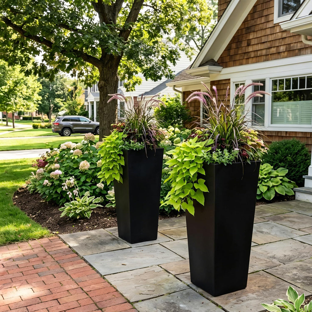 27" Tall Planters for Outdoor Indoor, Set of 2 with Drainage | Black Planter,Large Flower Pots, Drainage & Inner