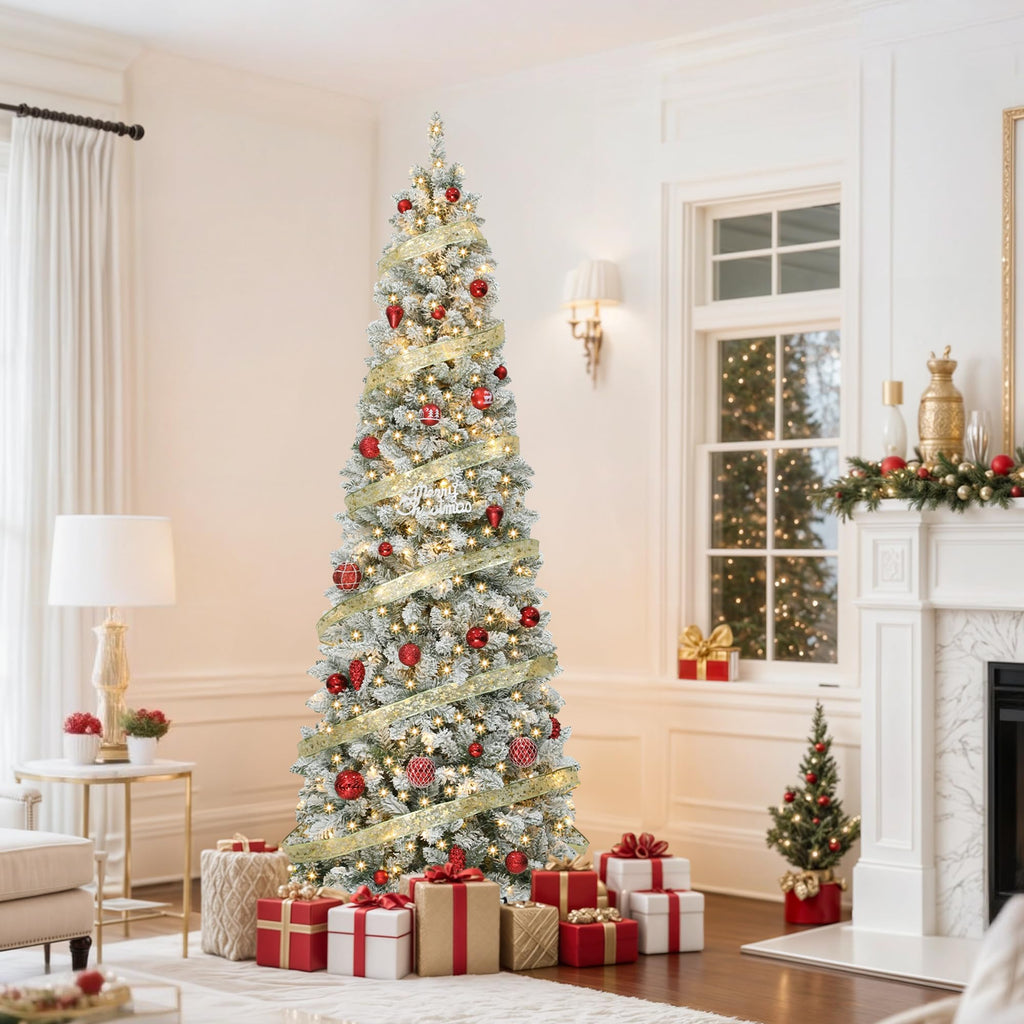 6FT Prelit Flocked Pencil Christmas Tree with Remote