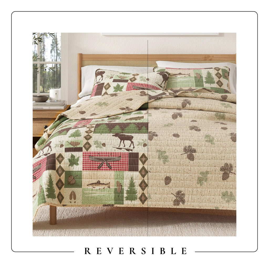 Lodge Quilt Set - 3-Piece Size Rustic Bedding Set - Lightweight, All-Season, Reversible