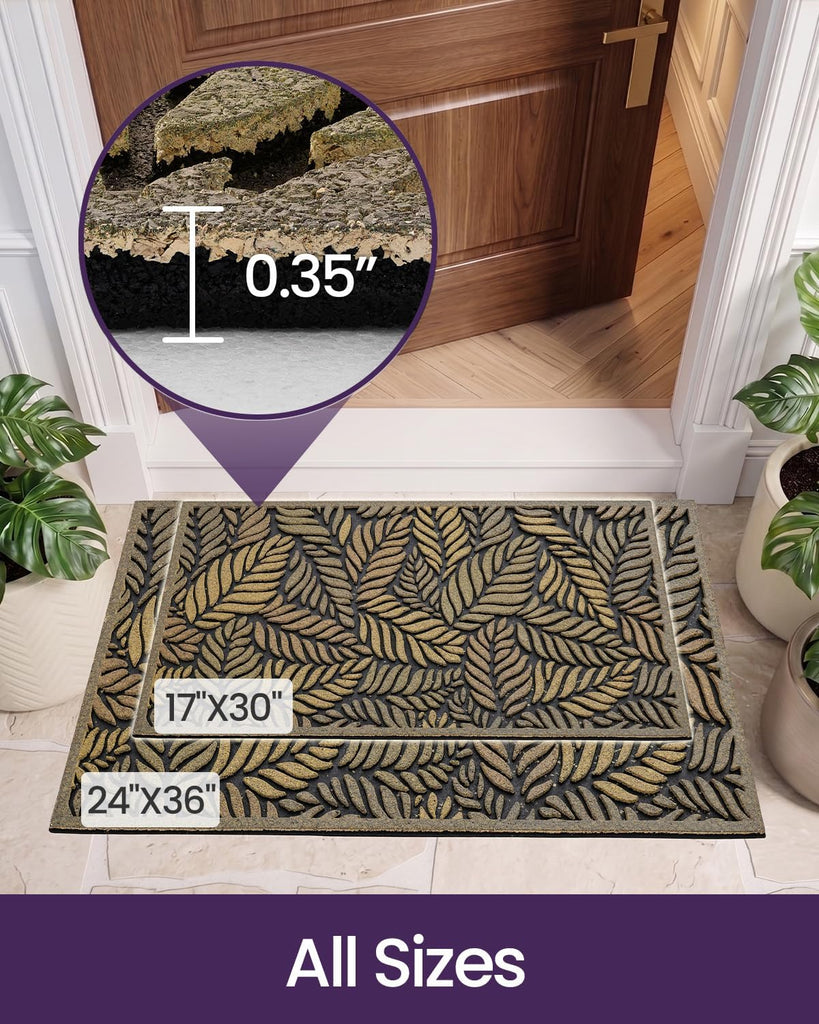 Front Door Mat Outside Entrance 17x30 Rubber Entry Doormat Leaves | Heavy Duty Non Slip, Welcome Entryway Mats Dirt