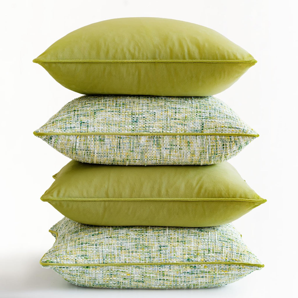 Green 4 Pack Throw Pillow Covers - Chenille & Velvet Set with Piping, Farmhouse Textured Design Pillow Cases for