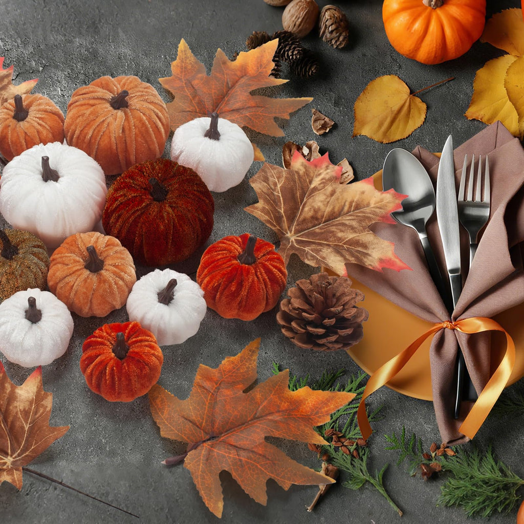 21 PCS Fall Artificial Velvet Pumpkins Set, Fake Fabric Pumpkins Faux Foam Pumpkin, Orange Khaki White Pumpkin