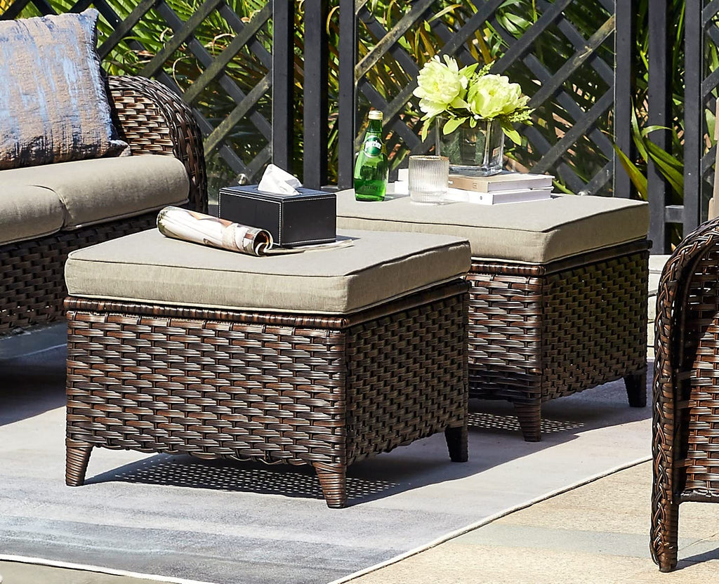 Outdoor Ottomans Set of 2 PE Wicker Steel Frame Outdoor Footstool, Backyard, Additional Seating, Side Tables with