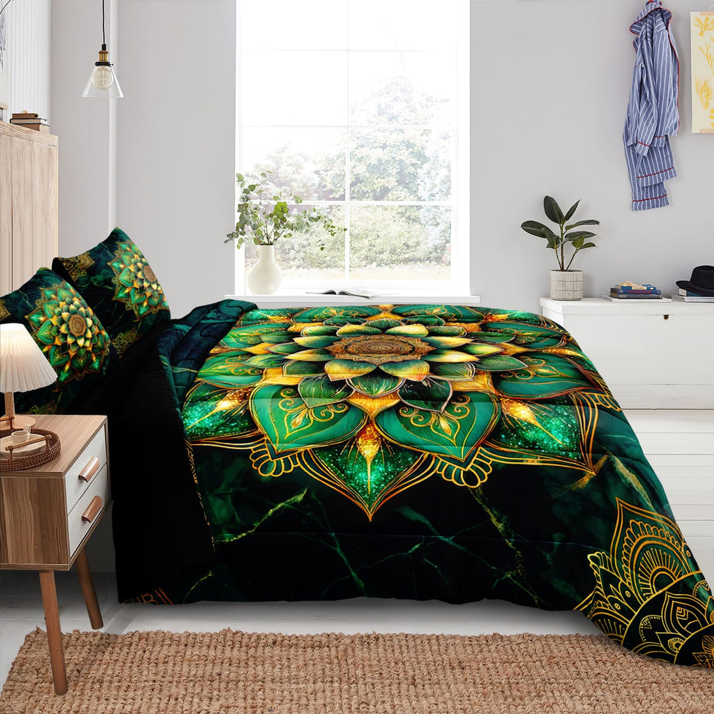 Green Marble Comforter Set Queen Size Mandala Floral Bedding Set Dark Green Mandala Print Boho Chic Bedding Super