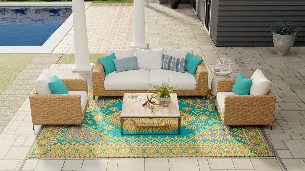 4' x 6', Aqua Outdoor Rug, Reversible Plastic Mat, Porch, Poolside, Mudroom, Camping, RV, Deck