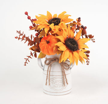 Fall Thanksgiving Centerpieces for Dinner Tables, Faux Floral Metal Potted Plants with Maple Leaf Pumpkin Berry Stems - Set of 2