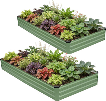 2Pcs Galvanized Raised Garden Bed 8x4x1ft for Herbs, OliveGreen | Metal Planter Box Outdoor, Rectangular Raised Bed