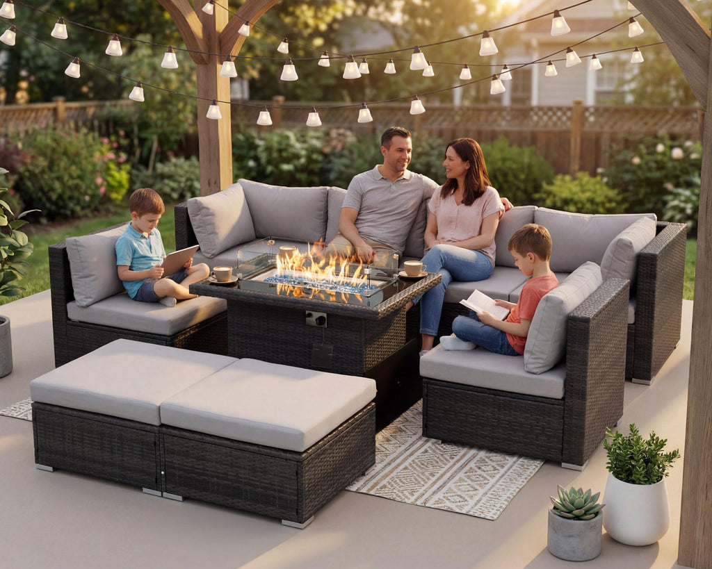 29.3'' High Back Outdoor Patio Conversation Set with Firepit Natural Gas Propane Convertible, Plus Size Modular
