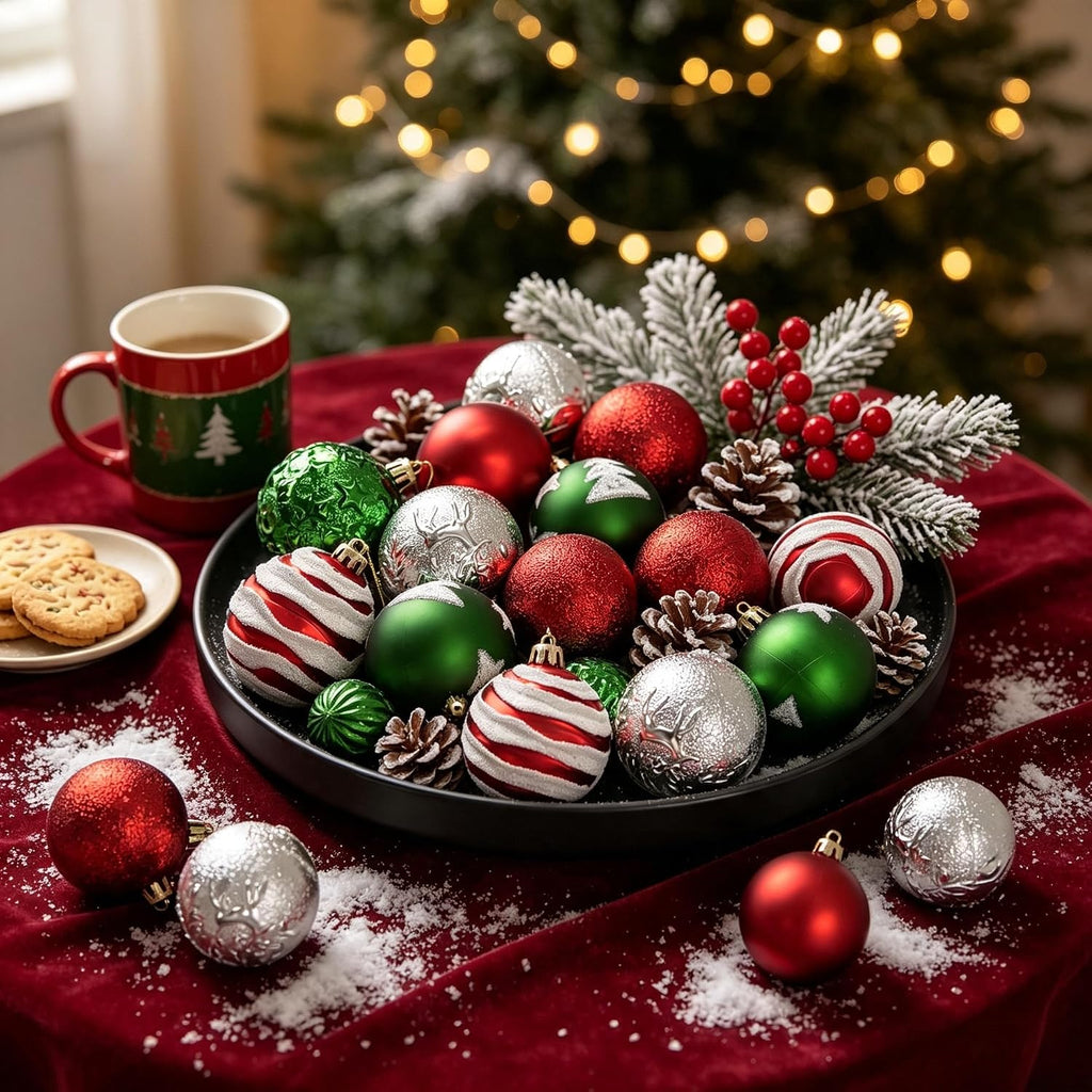 Shatterproof Red Green White Christmas Ornaments Tree Decorations - Set of 30