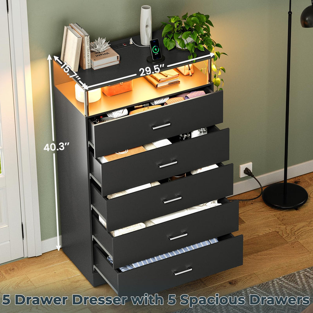 Black Dresser with Column Design & Charging Station, Led 5 Drawers Tall Dresser, Black