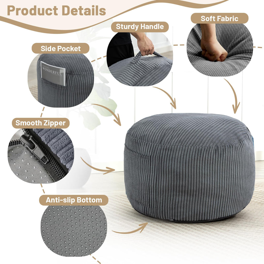 Round Stuffed Pouf Ottoman (Gray, 26" D x 26" W x 18" H)