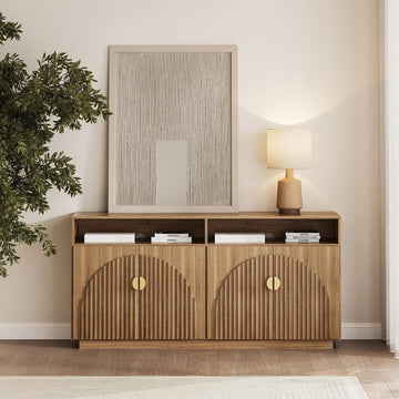 65-inch Fluted Sideboard with Open Shelf, Mid Century Modern Sideboard with Adjustable Shelves & Cable Management