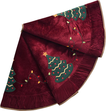 X.Sem Christmas Tree Embroidered Velvet Christmas Tree Skirt with Pleat Velvet Border 50'' Dark Red (Dark Red, 50