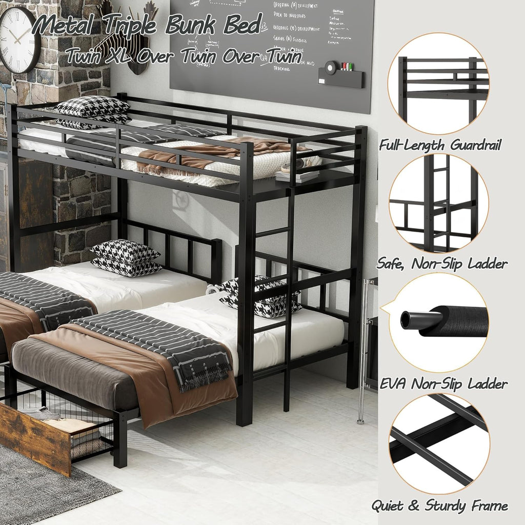 Triple Bunk Bed for Kids,Detachable TwinXL Over Twin Over Twin Metal Bunk Bed with Guardrails,Ladder &