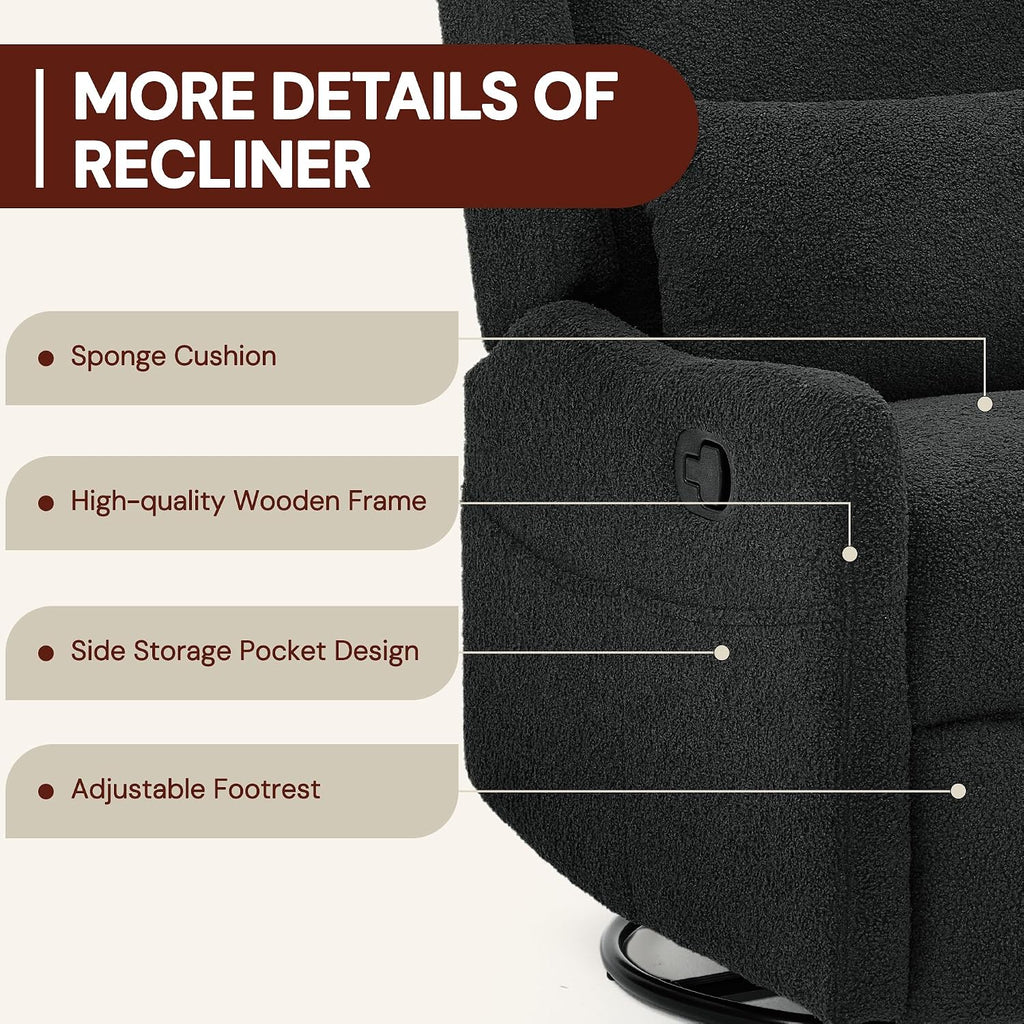 Glider Recliner Rocking Chair, 360° Swivel Boucle Nursery Chair, Comfy Upholstered Recliner ,Black