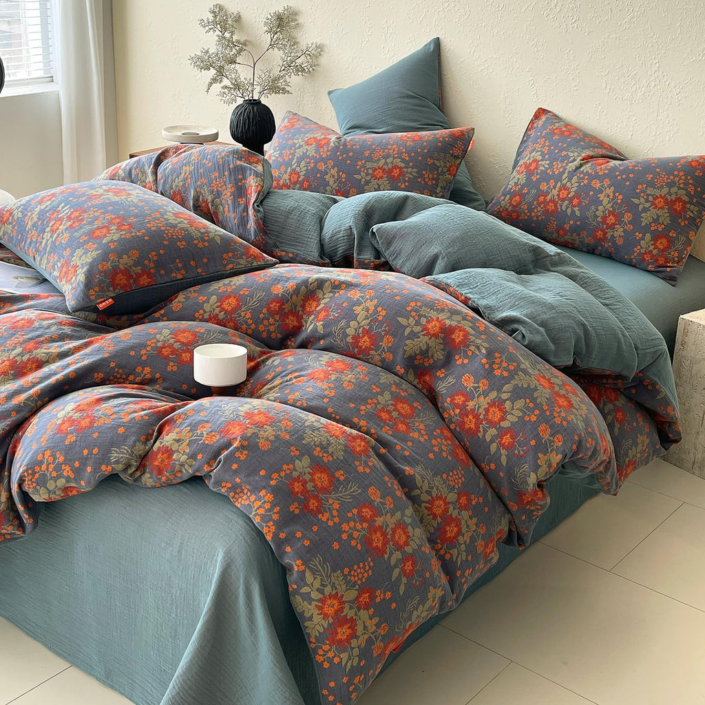 Vintage Garden Floral Duvet Cover Queen Soft 100% Muslin Cotton Jacquard Texture Bedding Set Chic Vibrant Floral