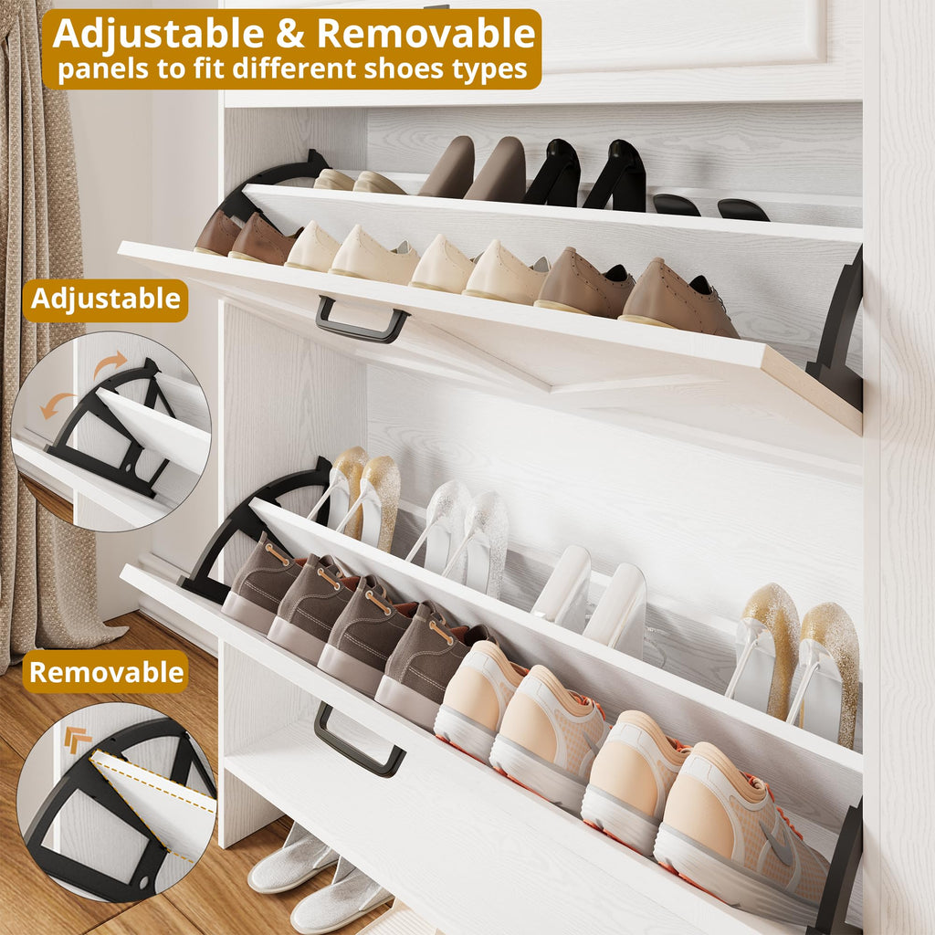 Shoe Storage Cabinet with 2 Flip Drawers & Barn Door, White/Walnut