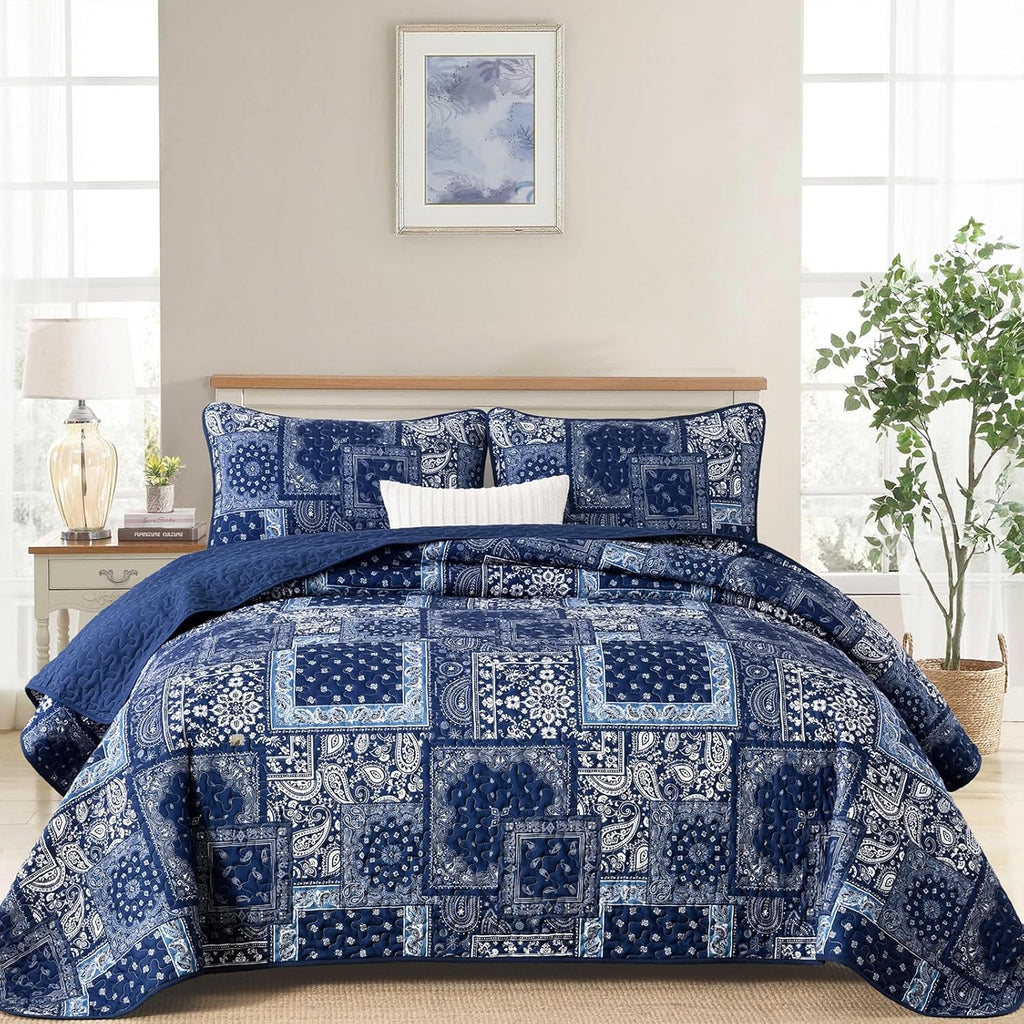 Blue Patchwork Quilt Set Queen,Boho Navy Blue Quilt Set,Paisley Farmhouse Bedspread Soft Microfiber Bedding Set for
