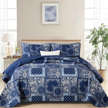 Blue Patchwork Quilt Set Queen,Boho Navy Blue Quilt Set,Paisley Farmhouse Bedspread Soft Microfiber Bedding Set for