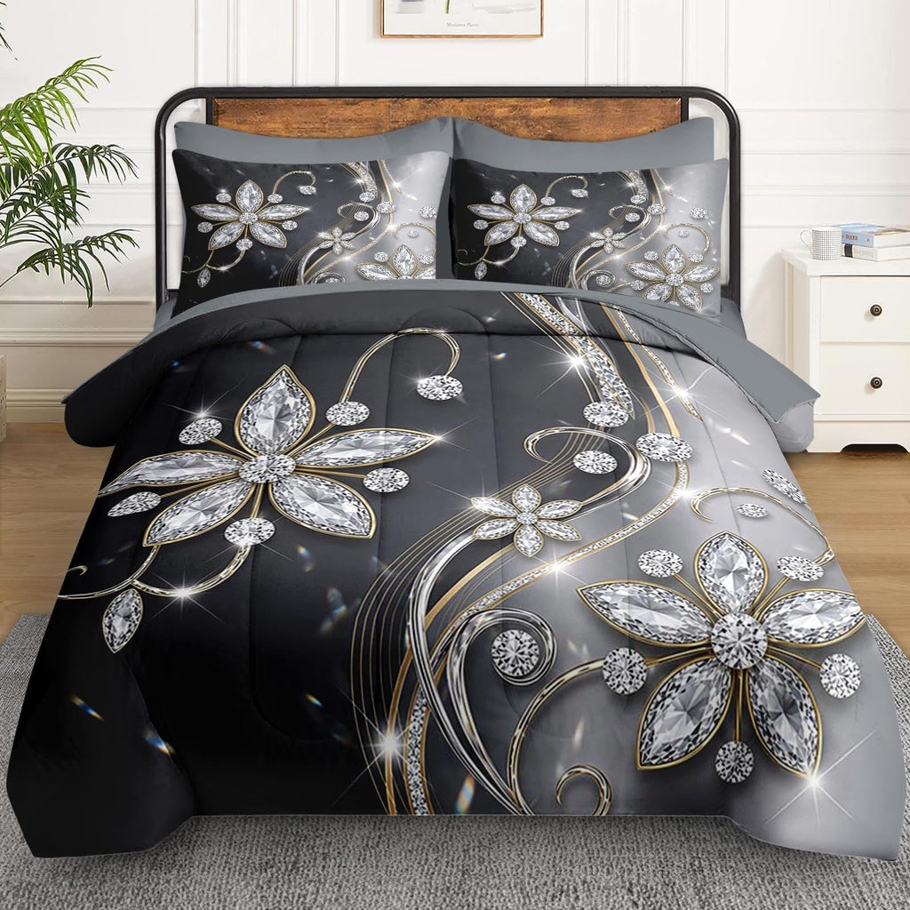 Full Comforter Set with Sheets, 7 Pieces Diamond Crystal Bedding